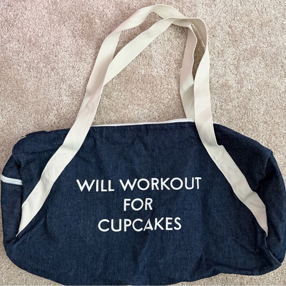 Denim Tote Bag with Cream Straps - 'Will Workout For Cupcakes'